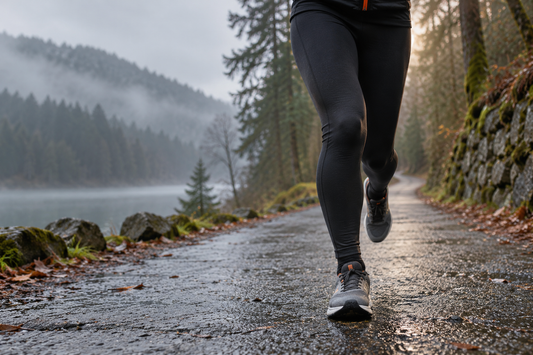 Recreational runner wearing full-length leggings on a cold, damp outdoor trail.